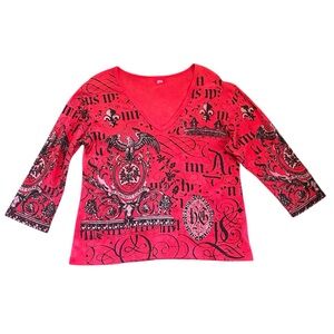 Vintage Glima Red Crest Graphic Top 3/4 Sleeve V-Neck 100% Cotton Made in USA XL